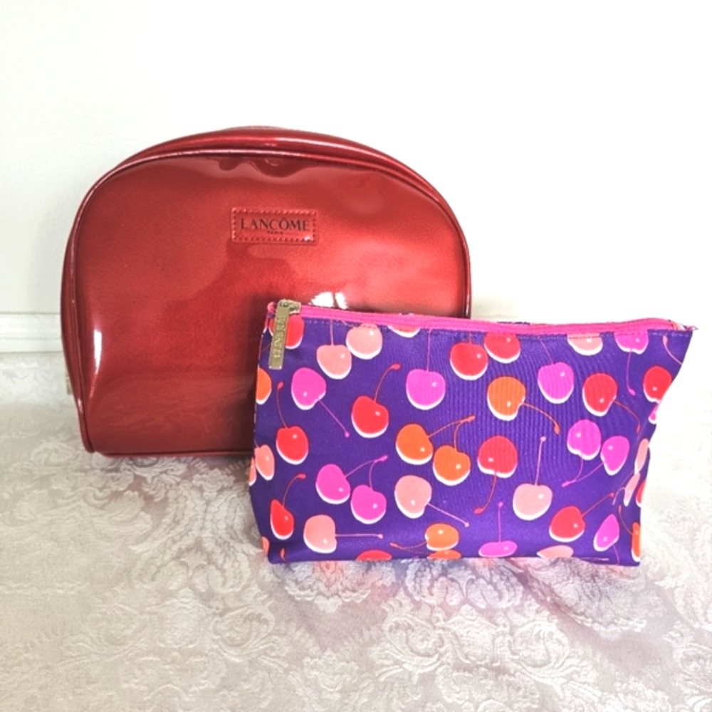 Set of 2 Lancome Shiny Red Dome Makeup Bag and Clinique Cherry Pattern Pouch